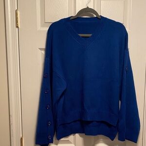 Women's Blue V-Neck High Low Sweater with Buttons Down Sleeves…